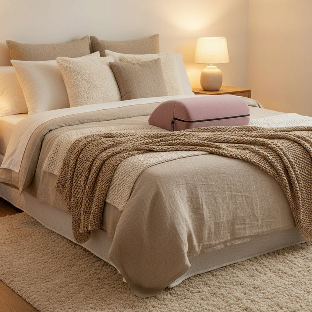 pink postional wedge on a bed
